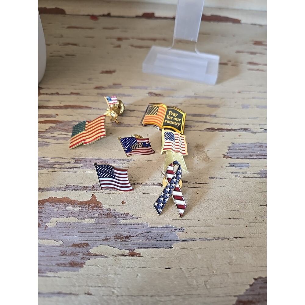 Vtg Lot Patriotic US Flag Lapel Pins USO Support Our Troops Ribbon Angel Pray